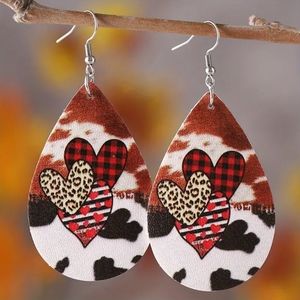 Valentine's Day Retro Western Style Cow Pattern heart Earrings leather
